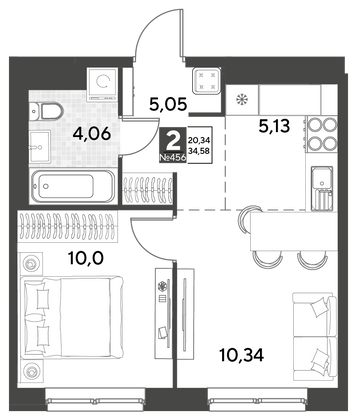 Продажа 2-комнатной квартиры 34,6 м², 10/21 этаж