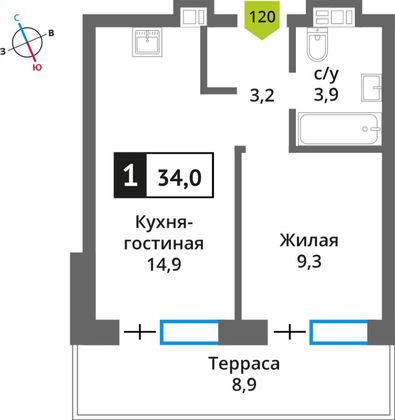 Продажа 1-комнатной квартиры 34 м², 1/9 этаж