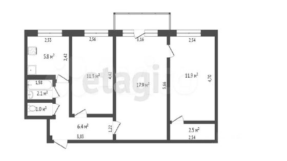 Продажа 3-комнатной квартиры 57 м², 2/5 этаж