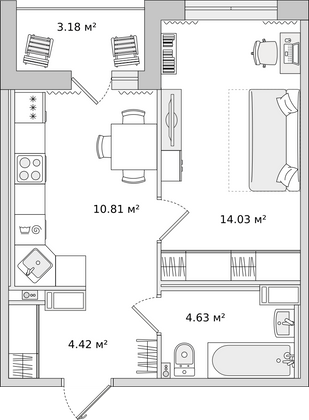 34,1 м², 1-комн. квартира, 1/14 этаж