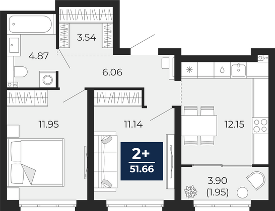 51,7 м², 2-комн. квартира, 2/22 этаж