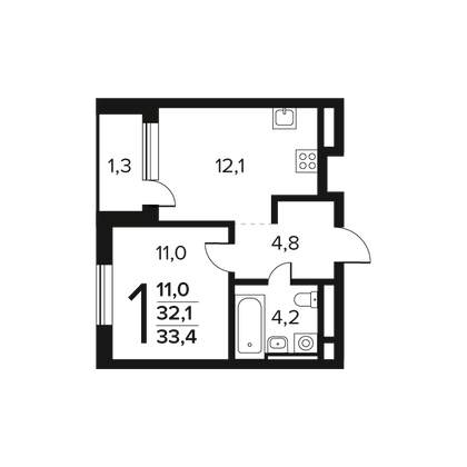 33,4 м², 1-комн. квартира, 3/9 этаж