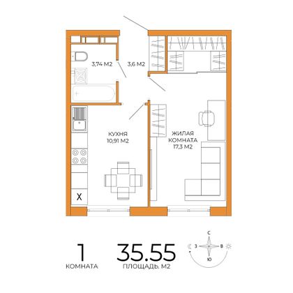 35,5 м², 1-комн. квартира, 2/18 этаж