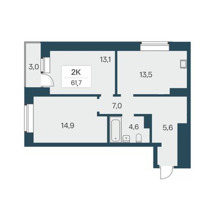 61,7 м², 2-комн. квартира, 5/30 этаж