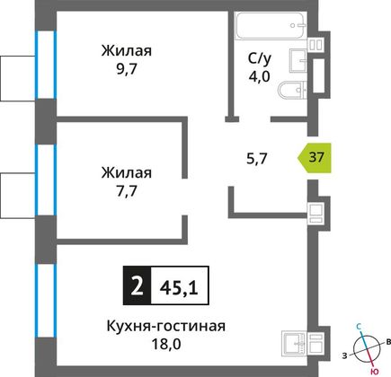 Продажа 2-комнатной квартиры 45,1 м², 6/6 этаж