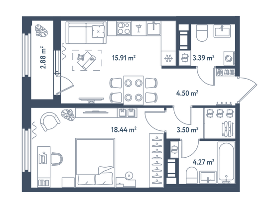 51,5 м², 1-комн. квартира, 10/11 этаж