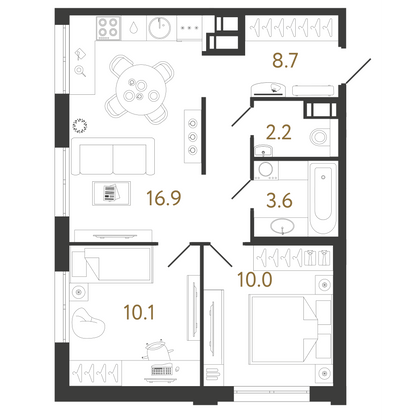 51,5 м², 2-комн. квартира, 11/16 этаж