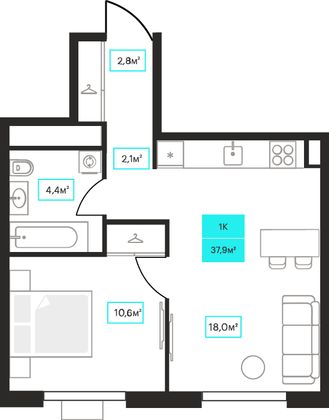 37,9 м², 1-комн. квартира, 19/23 этаж