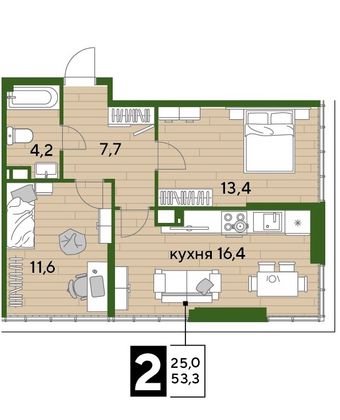 Продажа 2-комнатной квартиры 53,3 м², 16/16 этаж