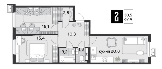 Продажа 2-комнатной квартиры 69,4 м², 16/18 этаж