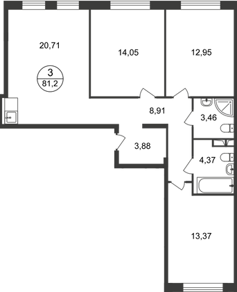 81,2 м², 3-комн. квартира, 9/9 этаж