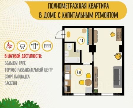 Продажа 1-комнатной квартиры 36 м², 1/4 этаж
