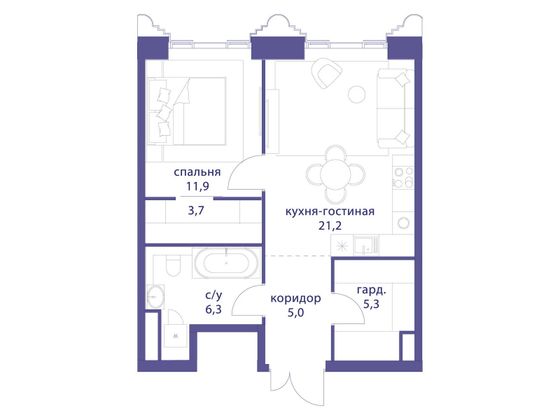 54 м², 1-комн. квартира, 2/19 этаж