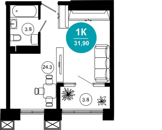 31,9 м², 1-комн. квартира, 2/10 этаж