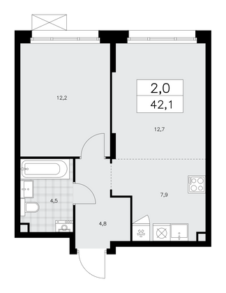 42,1 м², своб. планировка, 2/15 этаж