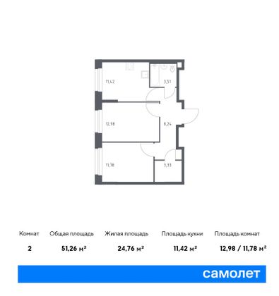 51,3 м², 2-комн. квартира, 14/16 этаж