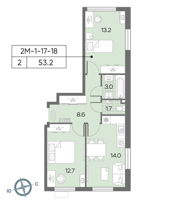 53,2 м², 2-комн. квартира, 18/24 этаж