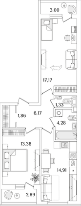 62 м², 2-комн. квартира, 4/17 этаж