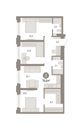 Продажа 3-комнатной квартиры 75 м², 3/31 этаж