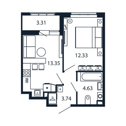 Продажа 1-комнатной квартиры 35,5 м², 2/13 этаж