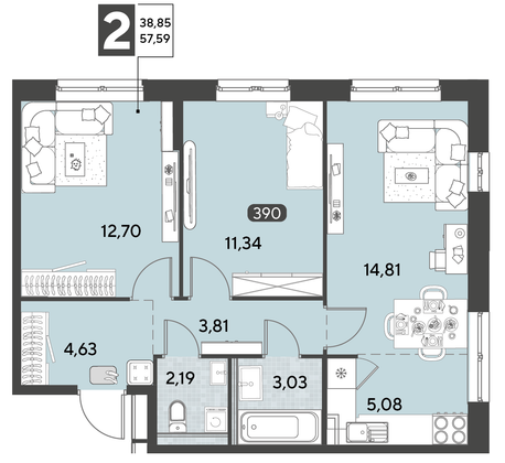 Продажа 3-комнатной квартиры 57,6 м², 2/21 этаж