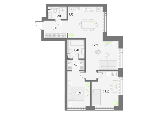 69,9 м², 2-комн. квартира, 39/55 этаж