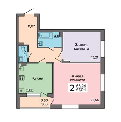 Продажа 2-комнатной квартиры 67 м², 3/6 этаж