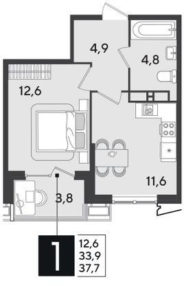 Продажа 1-комнатной квартиры 37,7 м², 18/18 этаж
