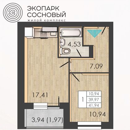 41,9 м², 1-комн. квартира, 2/4 этаж