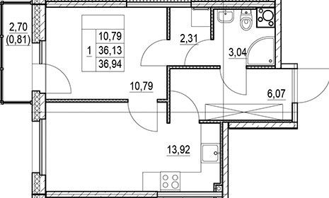 Продажа 1-комнатной квартиры 36,9 м², 10/25 этаж