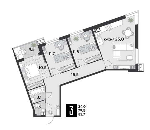 Продажа 3-комнатной квартиры 83,7 м², 9/18 этаж