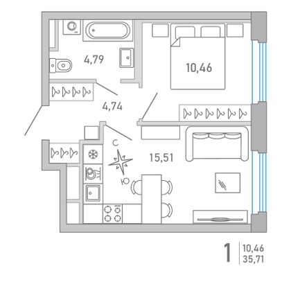 35,2 м², 1-комн. квартира, 2/10 этаж