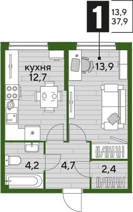 Продажа 1-комнатной квартиры 37,9 м², 2/19 этаж
