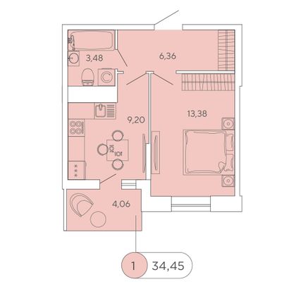 34,5 м², 1-комн. квартира, 7/12 этаж