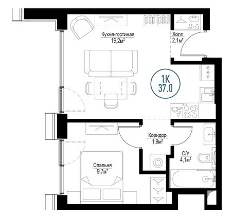 Продажа 1-комнатной квартиры 37 м², 20/30 этаж