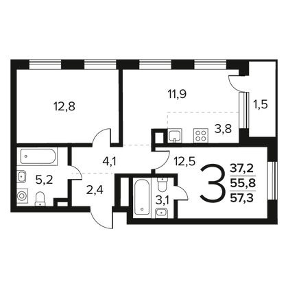Продажа 3-комнатной квартиры 57,3 м², 2/11 этаж