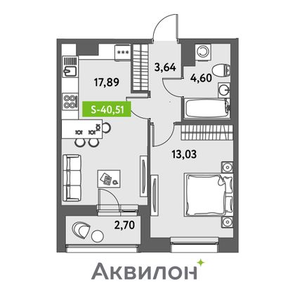 40,5 м², 1-комн. квартира, 3/12 этаж