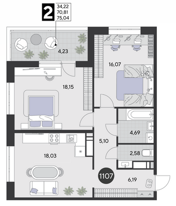 Продажа 2-комнатной квартиры 75 м², 4/21 этаж