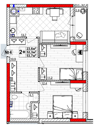 Продажа 2-комнатной квартиры 53,7 м², 1/4 этаж