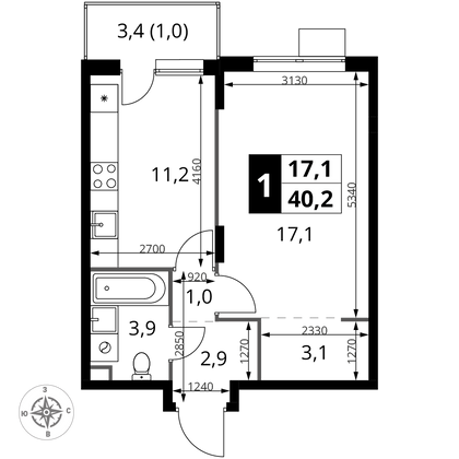 40,2 м², 1-комн. квартира, 2/17 этаж