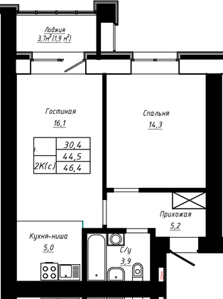 Продажа 2-комнатной квартиры 46,4 м², 4/16 этаж
