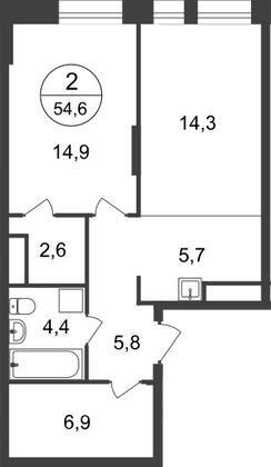 54,6 м², 2-комн. квартира, 16/22 этаж