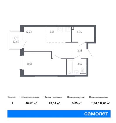 40,6 м², 1-комн. квартира, 12/24 этаж