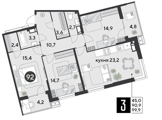 Продажа 3-комнатной квартиры 99,9 м², 11/18 этаж
