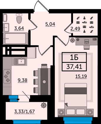 37,4 м², 1-комн. квартира, 2/24 этаж