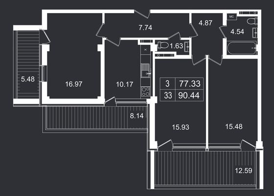 90,4 м², 3-комн. квартира, 6/8 этаж