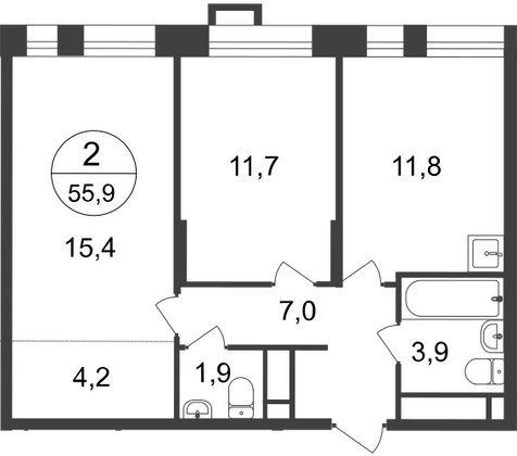 55,9 м², 2-комн. квартира, 19/20 этаж