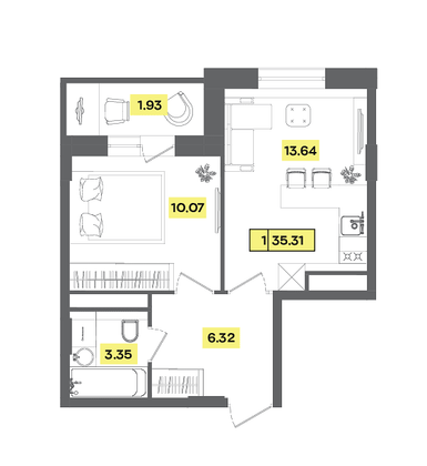 35,3 м², 2-комн. квартира, 2 этаж