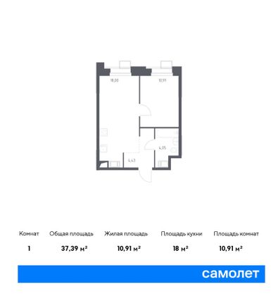 Продажа 1-комнатной квартиры 37,4 м², 23/23 этаж