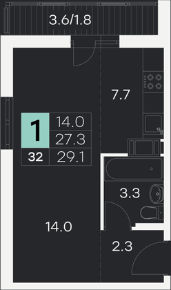 31,6 м², 1-комн. квартира, 6/9 этаж